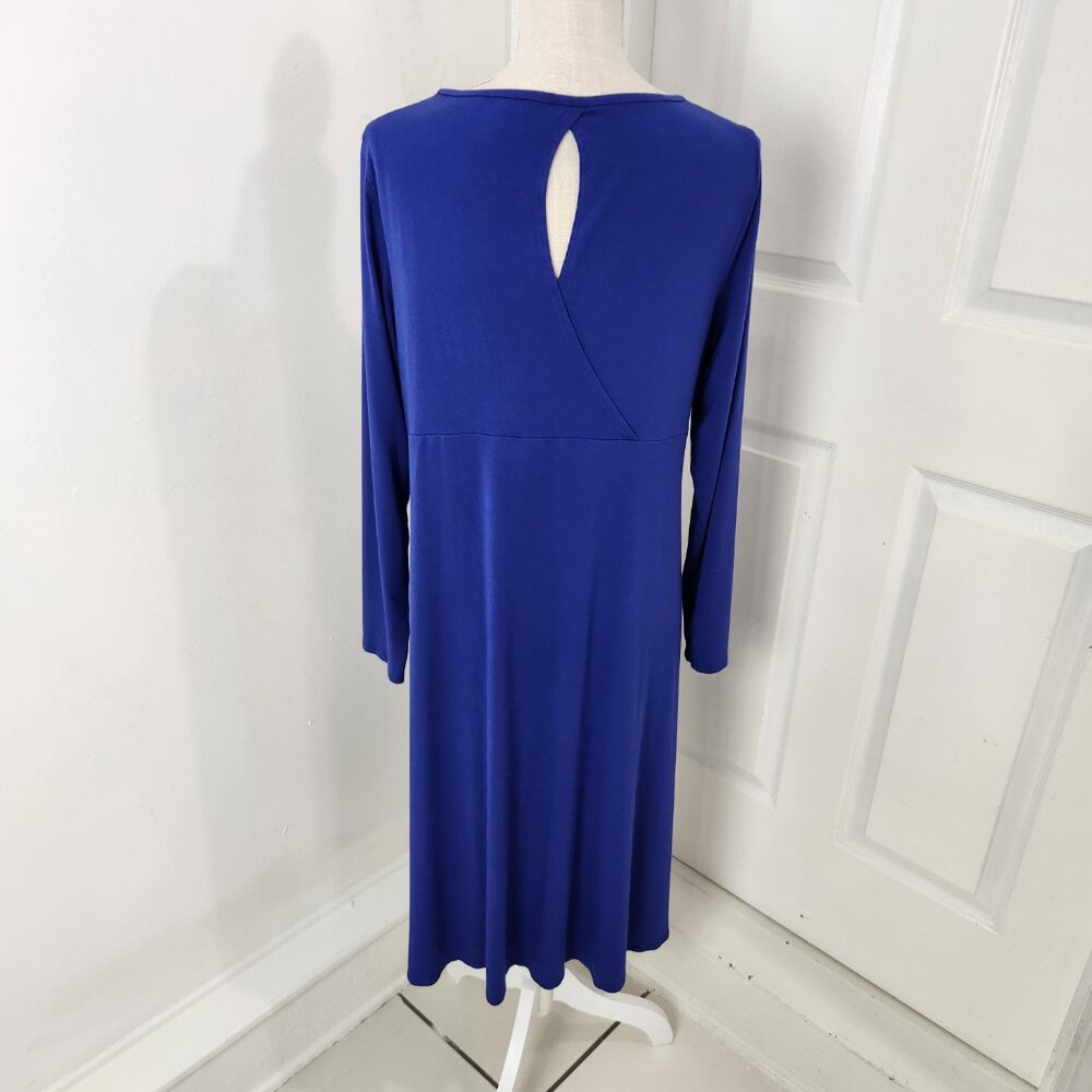 Eileen Fisher Dress Womens L Blue Midi Jersey Knit Keyhole Neck Minimalist - Picture 4 of 14